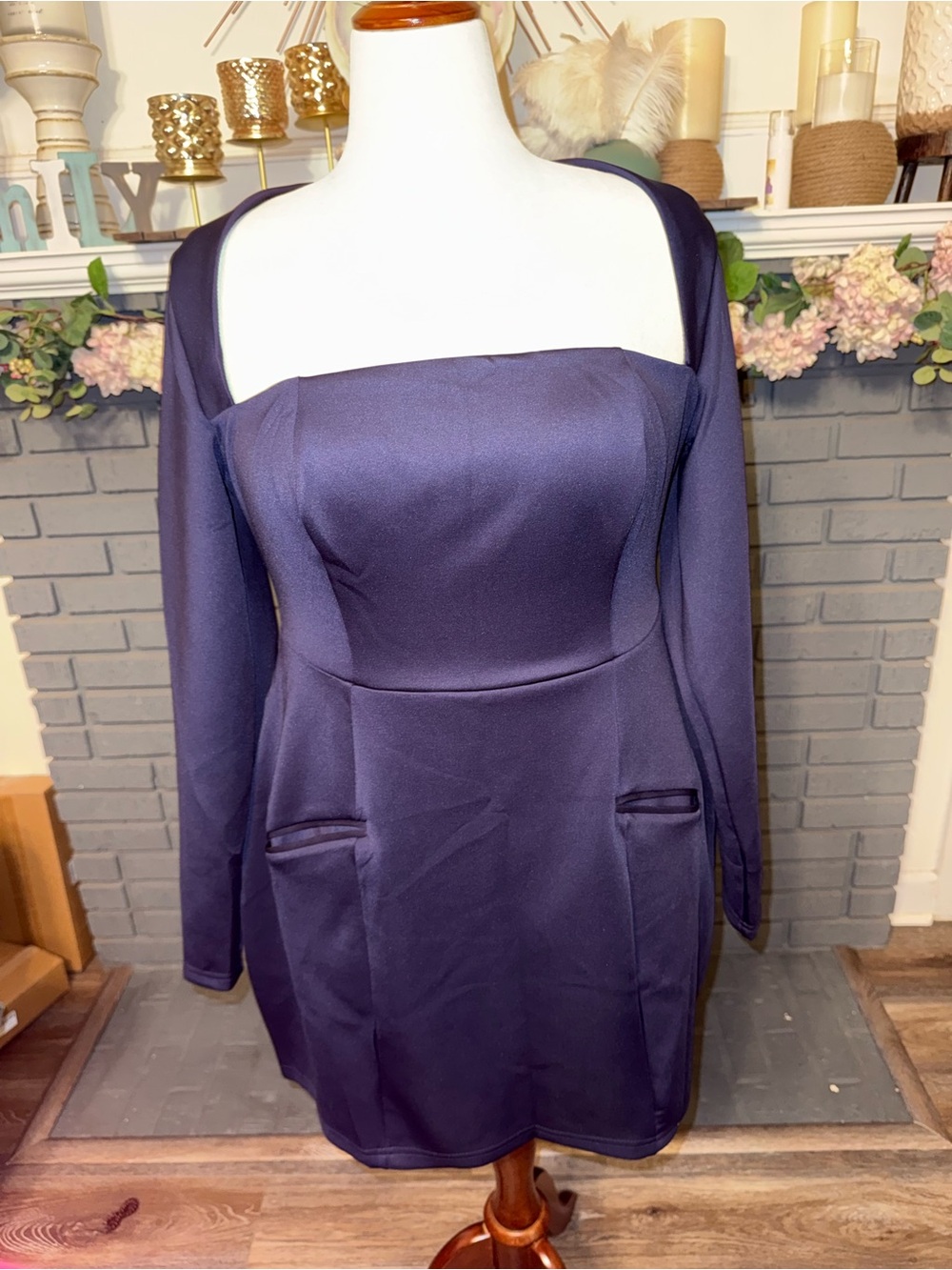 Square-Neck Long Sleeve Mini Dress in Navy